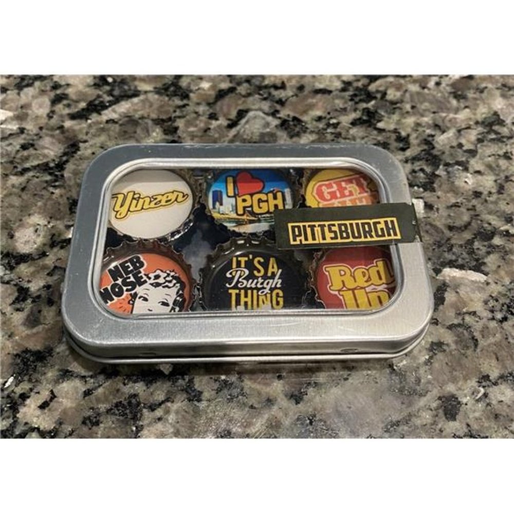 New Pittsburgh Themed Six Piece Bottle Cap Magnet Set